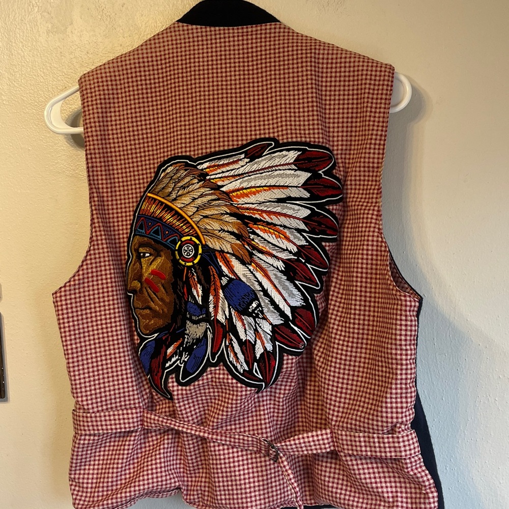 Vintage WAH Red Checkered Vest with Embroidered Native American Design